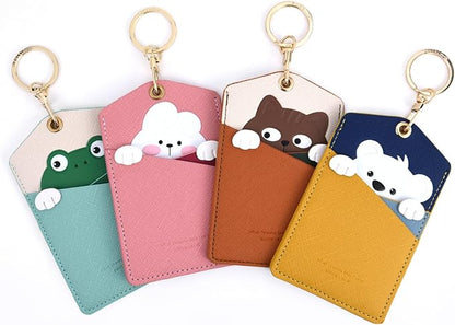 PU Leather ID Badge Holder with Keychain - Cartoon Animal Cute ID Badge Holder, 3 Card Slots for Professionals, Students, Nurse Officer, School Women Girls Boys (Brown)