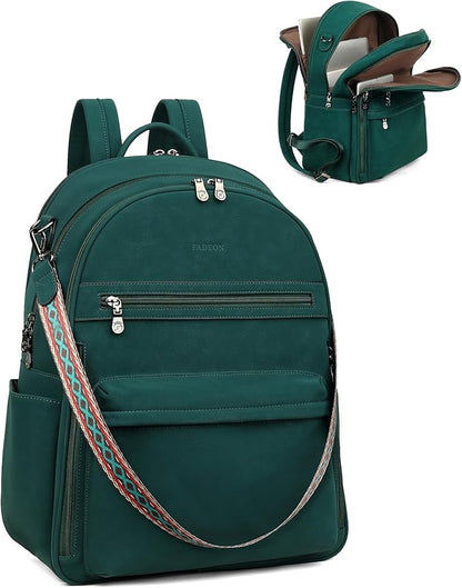 FADEON 15.6 inch Laptop Backpack Purse for Women Designer PU Leather Computer Backpacks Fashion for Work Travel Green