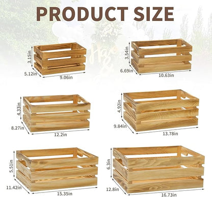 Wooden Crates for Display 6 Pack Extra Large Rustic Nesting Wooden Basket with Handle, Decorative Farmhouse Wood Crate for Storage and Container, 6 Size Wood Basket Decor Boxes