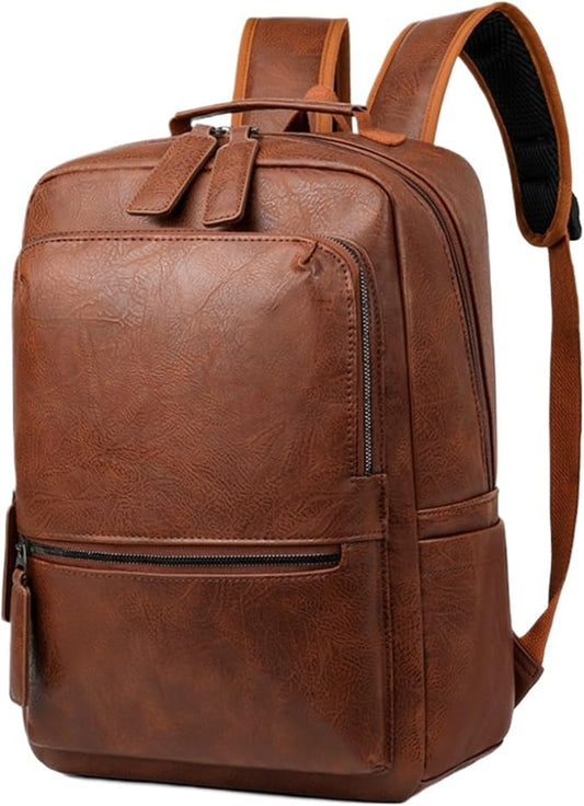 Unisex PU leather laptop bag work business bag hiking backpack leisure day bag university schoolbag (Large,Brown 2)