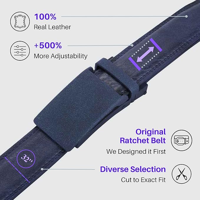 Marino Avenue Ratchet Belt for Men. Adjustable Leather Dress Belt with 38 Easy to Click Into Place Ratchet Closures.