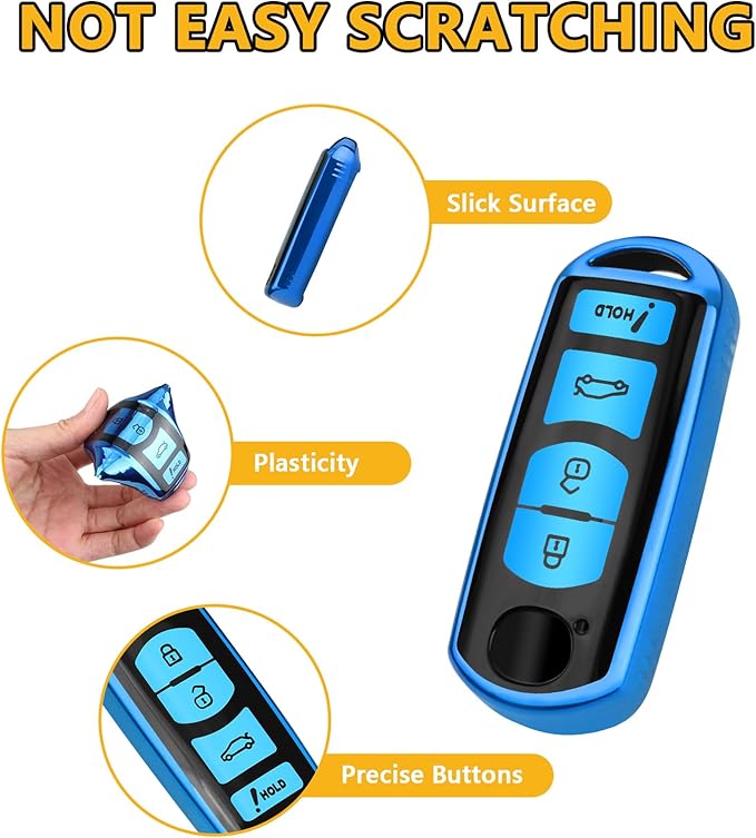 FT FUNTOR for Mazda Car Key Cover,4 Blue Buttons TPU Key Cover with Keychain,Compatible with Mazda 3 6 8 CX-3 CX-5 CX-7 CX-9 atenza Miata MX-5 (C-Blue)