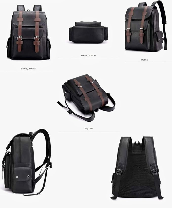 Business Men and Women PU Leather Backpack 15.6inch Laptop Waterproof Backpack Travel Commuter Lightweight schoolbag (Black backpack9,Medium)