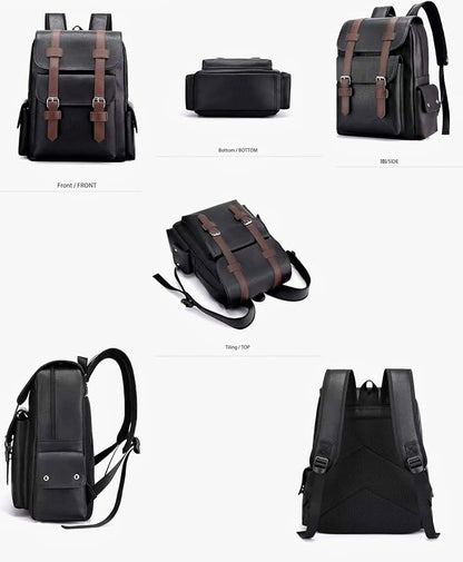 Business Men and Women PU Leather Backpack 15.6inch Laptop Waterproof Backpack Travel Commuter Lightweight schoolbag (Black backpack9,Medium)