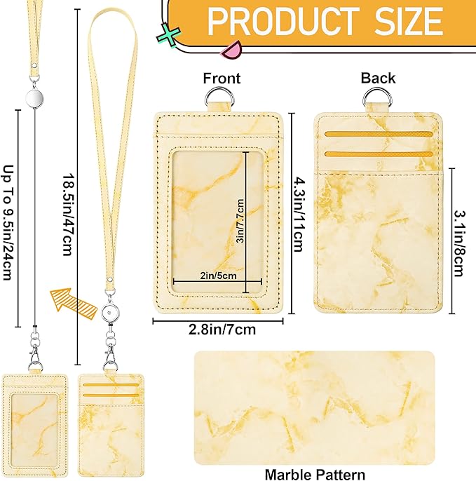 ID Badge Holder with Lanyard Marble Pattern Retractable Badge Holder PU Leather with Clear ID Window 1 Credit Card Case Name Badge Keychain Tags Protector for Women Nurse Teacher Office (Yellow)