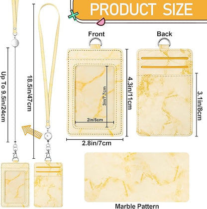 ID Badge Holder with Lanyard Marble Pattern Retractable Badge Holder PU Leather with Clear ID Window 1 Credit Card Case Name Badge Keychain Tags Protector for Women Nurse Teacher Office (Yellow)