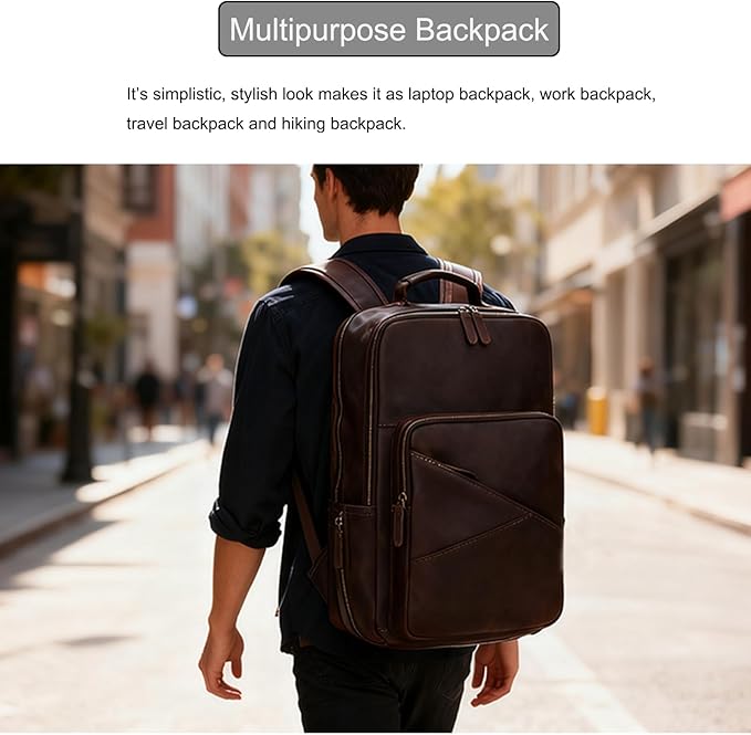 LUUFAN Vintage Genuine Leather Backpack Large Capacity 16" Laptop Shoulder Bag for Men Overnight Weekender Daypack Rucksack, Dark Brown