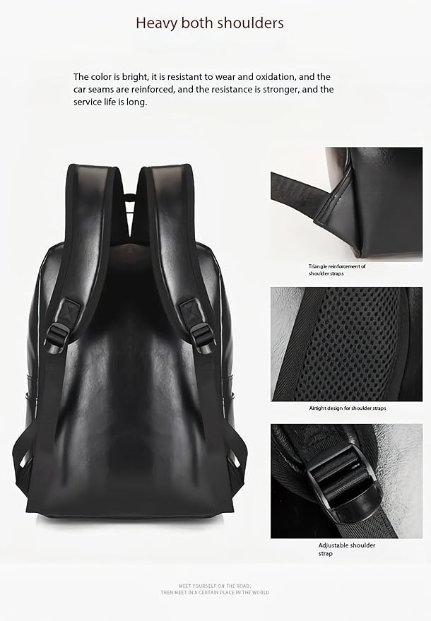 Unisex PU leather laptop bag work business bag hiking backpack leisure day bag university schoolbag (Large,Black 5)