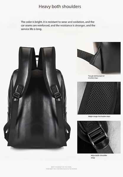 Unisex PU leather laptop bag work business bag hiking backpack leisure day bag university schoolbag (Large,Black 5)