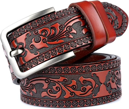 Men's Casual Genuine Leather Jeans Belts Vintage Leather Engraved Strap with Single Prong Buckle
