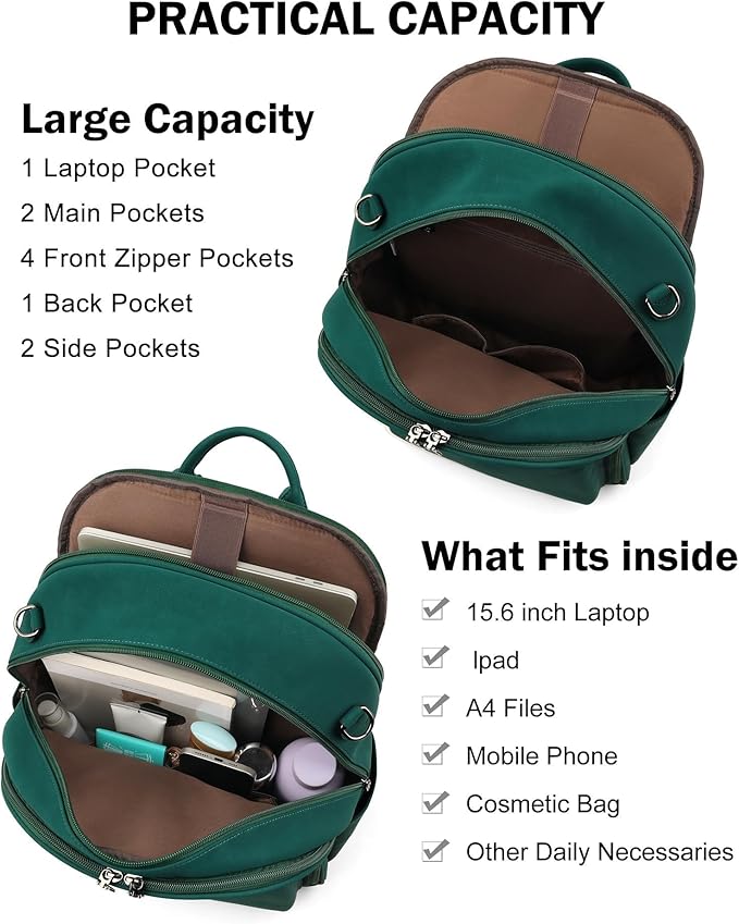 FADEON 15.6 inch Laptop Backpack Purse for Women Designer PU Leather Computer Backpacks Fashion for Work Travel Green