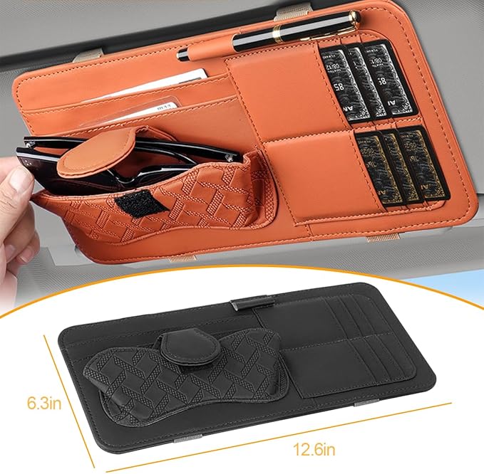 Car Sun Visor Organizer, Leather Multi Pocket Vehicle Visor Storage Pouch for Sunglasses Card License, Multifunctional Auto Interior Organization Accessories, Universal Fit (Black)