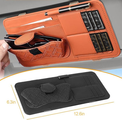 Car Sun Visor Organizer, Leather Multi Pocket Vehicle Visor Storage Pouch for Sunglasses Card License, Multifunctional Auto Interior Organization Accessories, Universal Fit (Black)