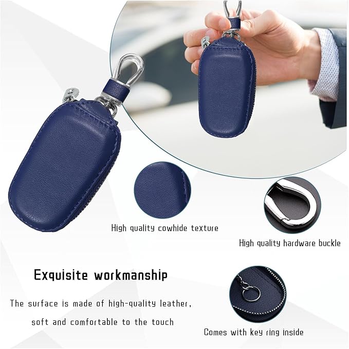 Car Key Case, Genuine Leather Auto Key Fob Cover Case, Key Fob Protector with Metal Hook, Car Smart Keychain Holder (Blue)