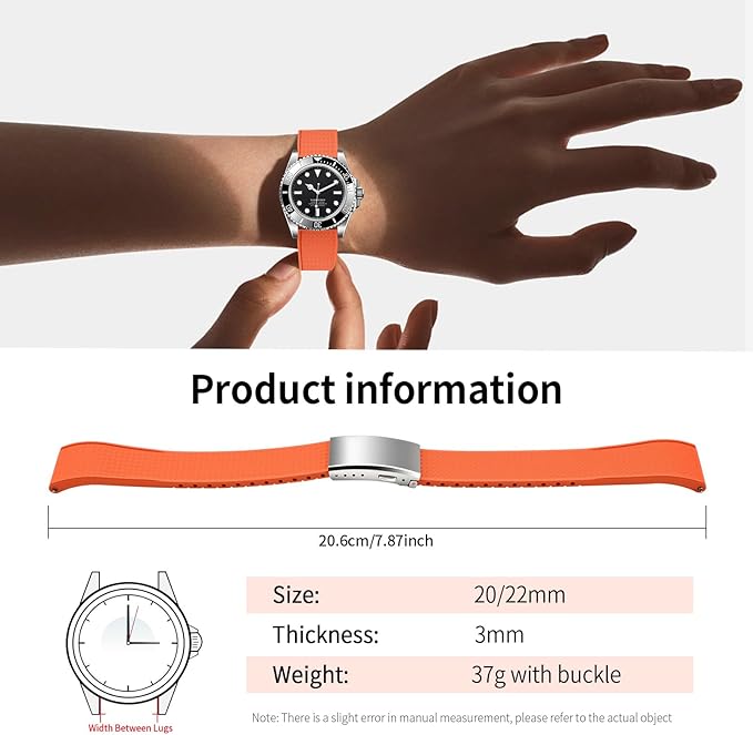 ULLCHRO FKM Rubber Watch Strap, Cut to Size Quick Release Fluororubber Watch Band Soft Replacement Watchband with Silver Milled Clasp for Men Women 18mm 19mm 20mm 21mm 22mm