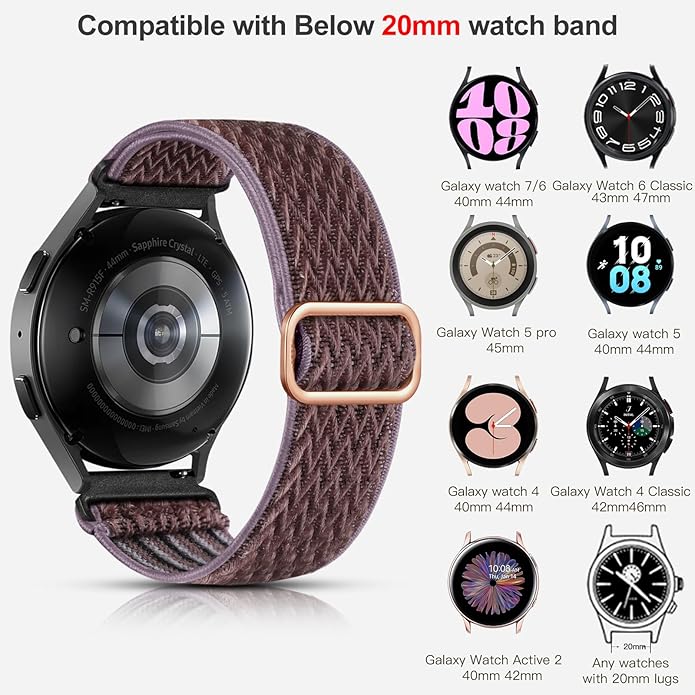 Lerobo Elastic Bands Compatible with Samsung Galaxy Watch 8 7 6 5 4 40mm 44mm/Galaxy Watch 8 Classic 6 4 Classic 43mm 47mm 42mm 46mm/5 Pro Band 45mm/Active 2,3 Pack 20mm Adjustable Nylon Sport Band