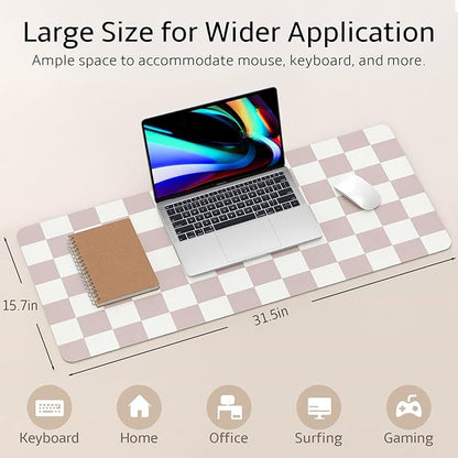 Mouse Pad Leather Desk Mat Large Keyboard Cute Office Desktop Computer Laptop XXL Long Big Aesthetic Modern Design Women Girls Gaming Gamer Oversized Wide Mousepad 31.5"x15.7", Khaki Plaid