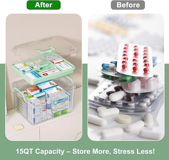 ANYPROLUS 2 Pack Clear Medicine Organizer Box with Handle, Plastic Medicine Container with Tray First Aid Box Empty, Thickened Medicine Storage Organizer Multipurpose Medication Organizer Storage