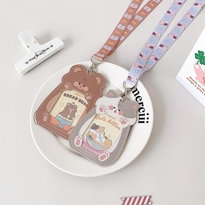 Cute Cat Badge Holder Lanyard Cartoon Kitten ID Card Holder Kawaii ID Badge Keys Lanyard Strap Neck Lanyard PU Leather Badge Holder for Women Girls Boys (Cat-2)