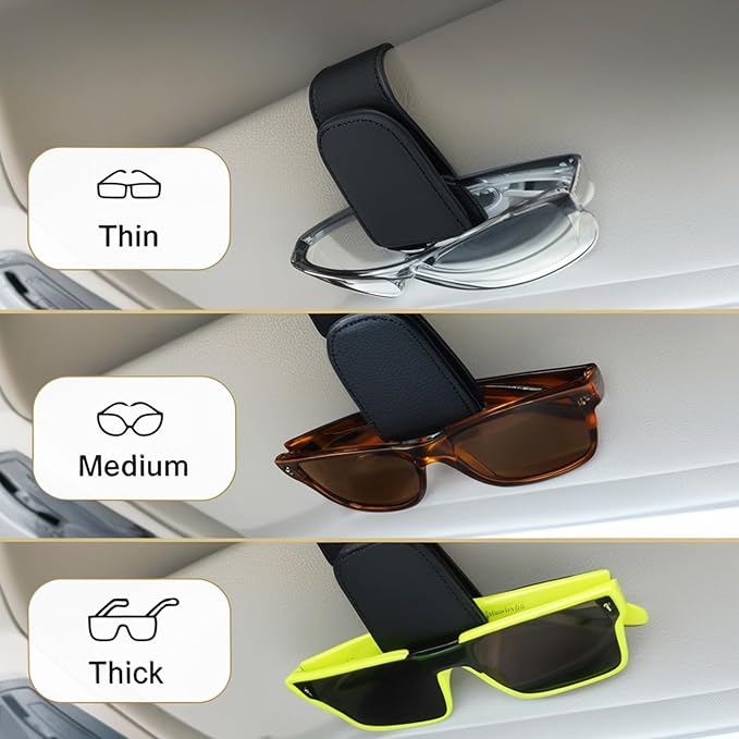 EldHus Sunglass Holder for Car Visor, Magnetic Car Glasses Holder Clip, Leather Eyeglass Holder for Car, Universal Vehicle Sunglasses Hanger Eyeglasses Mount, 1 Pack Black