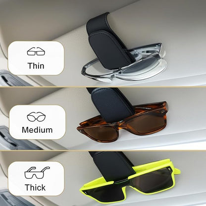EldHus Sunglass Holder for Car Visor, Magnetic Car Glasses Holder Clip, Leather Eyeglass Holder for Car, Universal Vehicle Sunglasses Hanger Eyeglasses Mount, 1 Pack Black