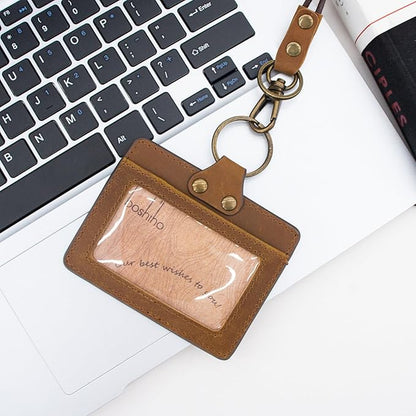 Badge Holder: Boshiho Cowhide Leather ID Badge Card Holder with 19" Neck Lanyard, Horizontal Style (Light Brown)