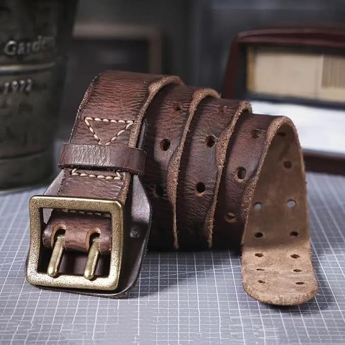 Handcrafted Vintage Style Leather Belt, Brown Full-Grain Leather, Brass Buckle, Double Stitched Design, Casual Wear