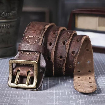 Handcrafted Vintage Style Leather Belt, Brown Full-Grain Leather, Brass Buckle, Double Stitched Design, Casual Wear
