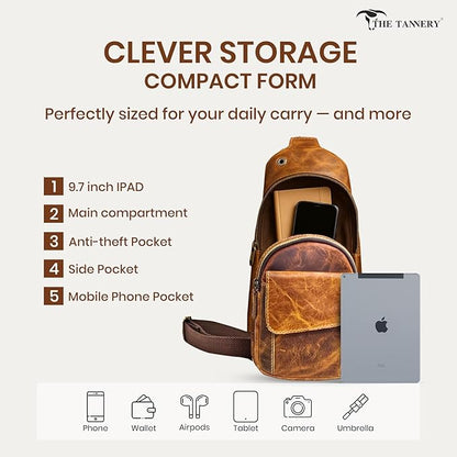 The Tannery Handmade Buffalo Leather Multipurpose Travel Hiking Crossbody Chest Backpack with Adjustable Shoulder Strap, Thanks Giving (Brown, Small)
