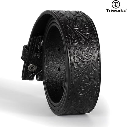 TRIWORKS Western Belt Strap for Men without Buckle 1.5" Wide Floral Engraved Embossed Leather Belt Strap