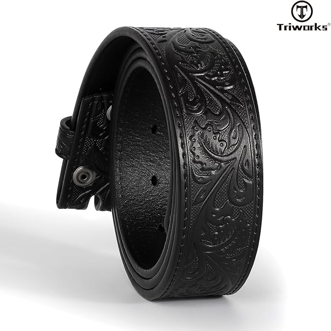 TRIWORKS Western Belt Strap for Men without Buckle 1.5" Wide Floral Engraved Embossed Leather Belt Strap