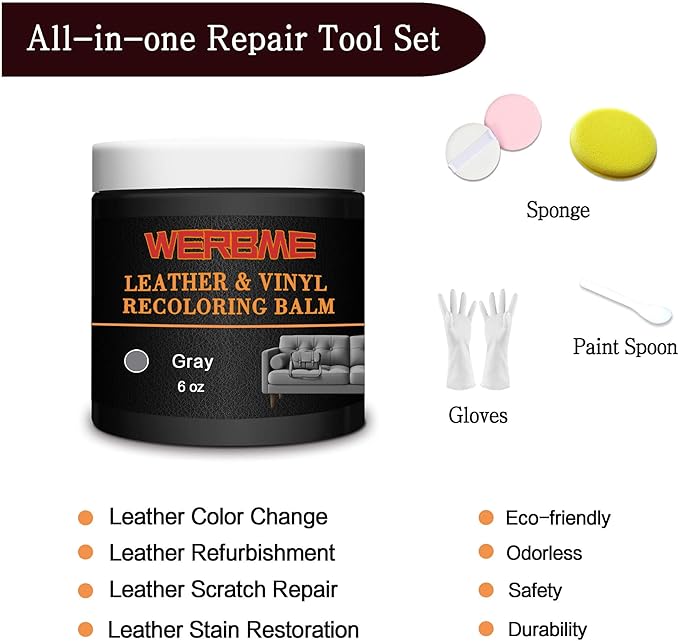 Leather Recoloring Balm & Color Restorer - Multipurpose Dye & Paint for Faded Leather Couches, Car Seats, Shoes | Fix Scratches on Clothing, Furniture & Accessories(Gray)