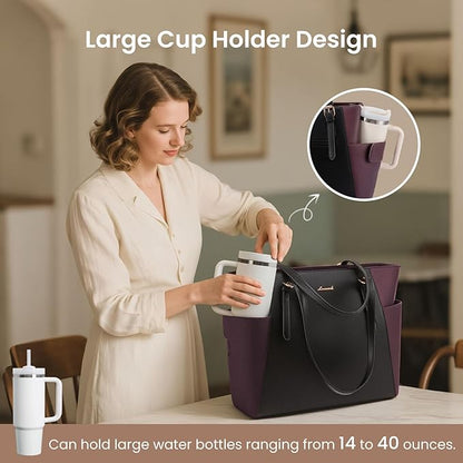 LOVEVOOK Laptop Tote Bag for Women With Large Cup Holder, Leather Work Tote Bag for Women,15.6 Inch Professional Computer Briefcase Business Teacher Commuter Shoulder Bag,Office Travel Gift