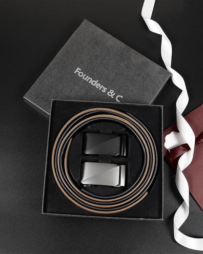 Founders & C Mens Belt 2 Pack,Leather Ratchet Click Belt Dress with Slide Buckle 1 3/8" in Gift Set Box- Size Adjustable