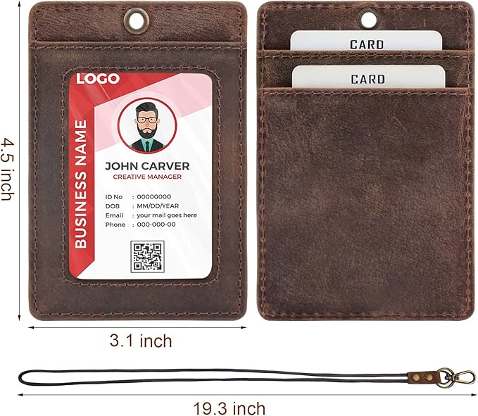 Boshiho Vertical Style Cowhide Leather ID Card Badge Holder with Heavy Duty Lanyard (Genuine Leather Dark Brown)