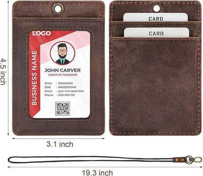 Boshiho Vertical Style Cowhide Leather ID Card Badge Holder with Heavy Duty Lanyard (Genuine Leather Dark Brown)