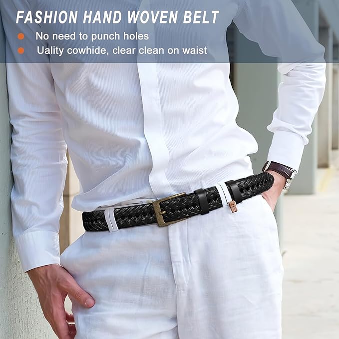 BELTROAD Braided Leather Belt for Men Casual Jeans Golf, Men's Leather Woven Alloy Buckle Hand Braided Belts Gift for Men