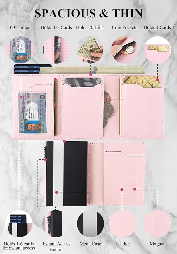 Small Wallet for Men-Pop Up Card Case,with Money Clip Slim Leather Slots Credit Card Holder RFID Blocking Trifold Minimalist Wallet with ID Window and Coin Purse(Pink Small Wallet for Men Gift