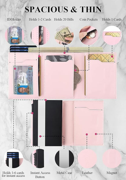 Small Wallet for Men-Pop Up Card Case,with Money Clip Slim Leather Slots Credit Card Holder RFID Blocking Trifold Minimalist Wallet with ID Window and Coin Purse(Pink Small Wallet for Men Gift