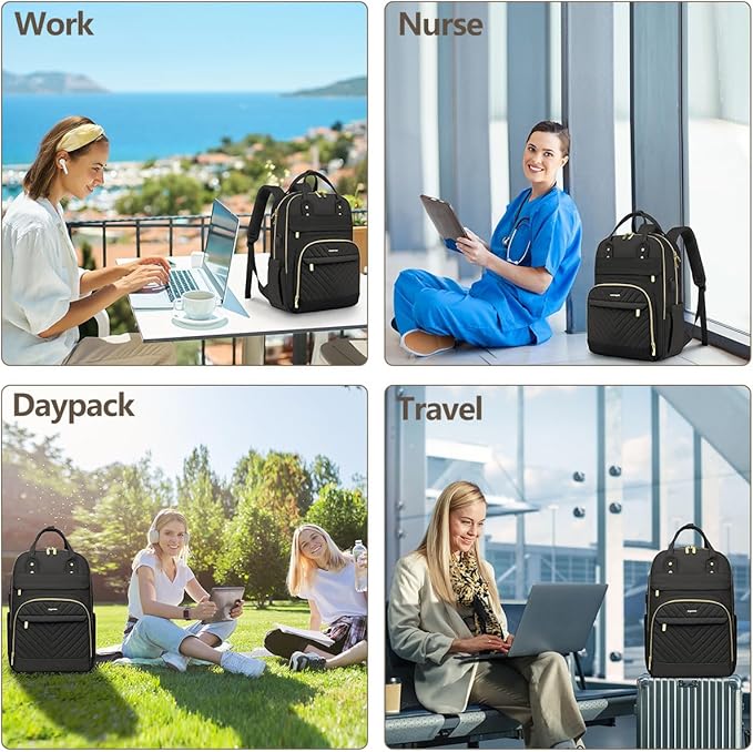 Laptop Backpack for Women Work Bag - 15.6 inch Black Travel Backpack College Backpack with USB Charger Business Office Back Pack for Teacher Casual Waterproof Bookbag for Nurses