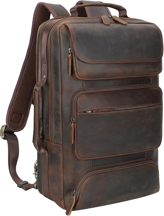 TIDING Full Grain Leather 17.3 Inch Laptop Backpack for Men, Convertible Business Briefcase Weekender Camping Bag Travel Rucksack