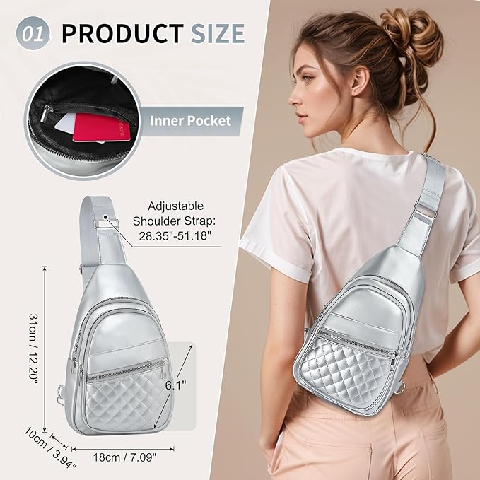 Crossbody Bags for Women Men,Leather Sling Bag Cross Body Backpack for Women, Casual Chest Bag Daypack for Travel Hiking, Silver