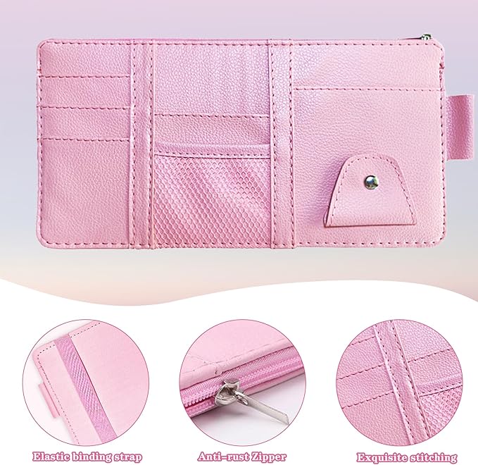 Sun Visor Organizer (Pink),Car Visor Storage Holder for Sunglasses, Documents, Cards & Pen,Zipper Pocket,Fits Sedans, Trucks, SUVs,Auto Interior Accessory