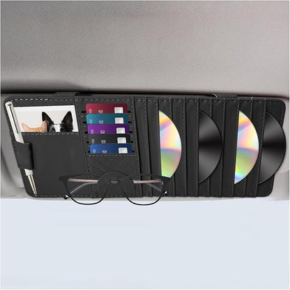 Sun Visor CD Case Holder for Car, Leather Auto Visor DVD Storage Case with Card Slots & Pen Holder, Multi-Pocket Large Capacity CD Layered Organizer for Most Vehicles (Black)