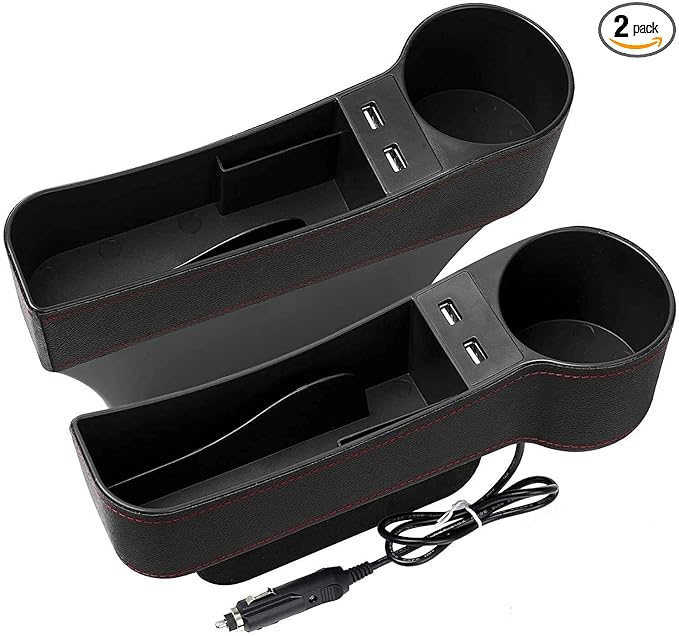 Car Seat Gap Organizer,Premium Console Side Pocket with 2 USB Charging,Leather Storage Box,Multifunctional with Dual USB Charging,Cup Holder,Car Seat Gap Filler,for Cellphones Wallet Coin Key (2 Pack)