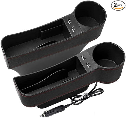 Car Seat Gap Organizer,Premium Console Side Pocket with 2 USB Charging,Leather Storage Box,Multifunctional with Dual USB Charging,Cup Holder,Car Seat Gap Filler,for Cellphones Wallet Coin Key (2 Pack)
