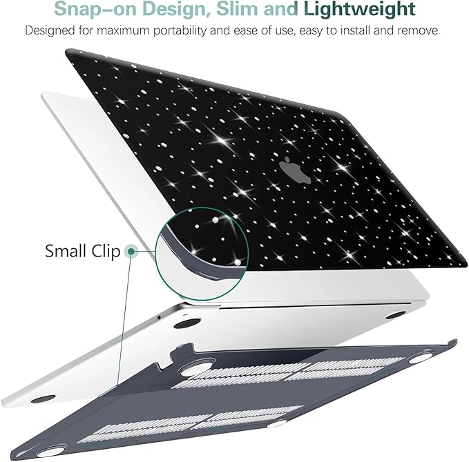 KEROM Diamond Case for MacBook Pro 13 inch 2024-2016 M2 M1 A2338 A2289 A2251 A2159 A1989 A1706 A1708, Luxury Bedazzled Bling Shiny Sparkle Glitter PU Leather Hard Shell Case & Keyboard Cover, Black
