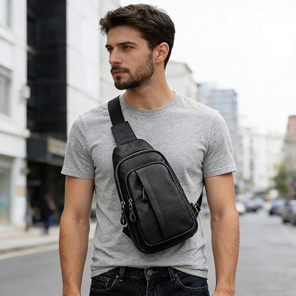 Genuine Leather Sling Bag Multi-pocket Chest Bag for Men Hiking Travel Daypack