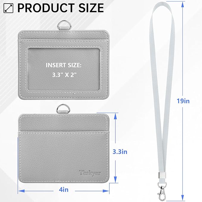 Teskyer Badge Holder with Lanyard, Leather ID Name Badge Card Holder with Lanyard for ID Badges, Horizontal, Lychee Pattern Grey