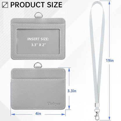 Teskyer Badge Holder with Lanyard, Leather ID Name Badge Card Holder with Lanyard for ID Badges, Horizontal, Lychee Pattern Grey